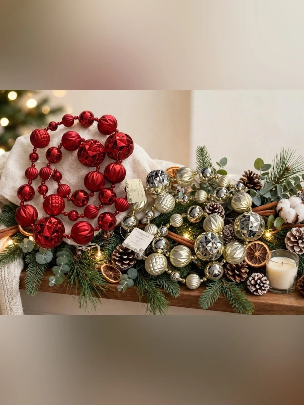 NWT -TRIMSETTER Set of 2 Ornament Garlands 6ft Each Red Gold Silver Christmas